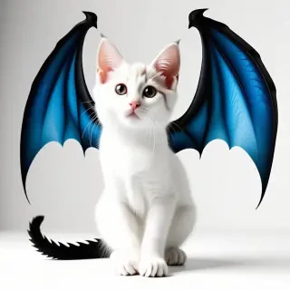 white kitten with big  blue dragon wings on it's back, and the wings are open