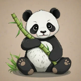 Chibi anime of a giant panda sitting down, while eating bamboo