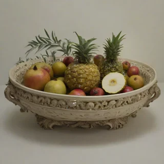 A Victorian-era inspired still life of exotic fruit, such as pomegranates and pineapples, arranged in a ornate, Gothic-style bowl, with an Ivory finish, set against a plain white background, in a wide shot with the bowl and fruit centered, with soft, warm lighting and dynamic shadows, in the style of a classic oil painting, on a plain white background, even lighting
