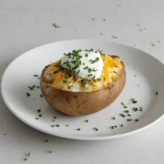 white plate with a baked potato that is cut open, with cheddar cheese, sour cream, and chives sprinkled over top, on a plain white background, even lighting