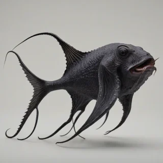 A highly detailed, hyperrealistic, full-body view of a black sea creature, such as an anglerfish or a black squid, with intricate textures and patterns on its skin, set against a plain white background, with soft, natural lighting and subtle shadows to accentuate its features, in a wide shot to capture its entire body, with its fins and tentacles fully visible, on a plain white background, even lighting