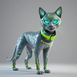 A full-body view of Mint, a futuristic, cybernetic cat with metallic blue fur and neon green eyes, wearing a sleek, high-tech collar with glowing Afrofuturism-inspired patterns, set against a plain white background, in a wide shot, with dynamic shadows and a soft, ethereal backlight, in the style of digital art with a mix of 3D and 2D elements, with intricate details and textures, and a sense of movement and energy