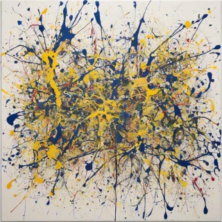 A vibrant abstract expressionist painting in the style of Jackson Pollock, with splatters of blue and yellow paint on a large canvas, full-body view, wide shot, feet visible, on a plain white background, with dynamic brushstrokes and textured layers