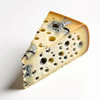 A wedge of moldy swiss cheese