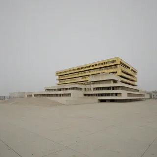 Brutalist building, mustard yellow, wide shot, plain white background, full-body view, on a plain white background, even lighting 