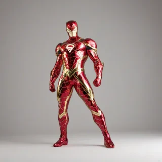 A low poly, full-body view, superhero costume, with a rose pattern, on a plain white background, with dynamic lighting and bold colors, in a digital art style, with a wide-angle shot, and the costume having a metallic sheen