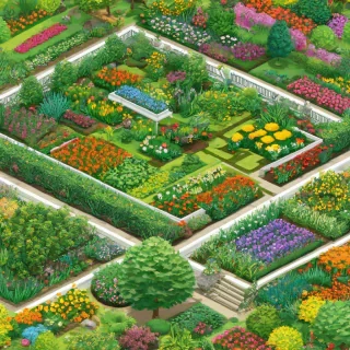 isometric section of a summer garden, bright and vivid colors, wide angle shot, on a plain white background, even lighting