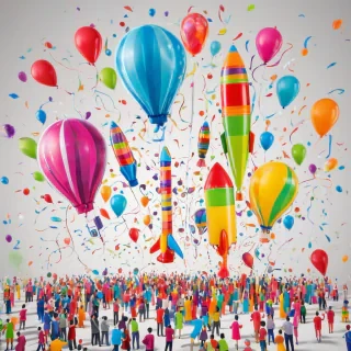 A colorful rocket launch scene with a party atmosphere, featuring balloons of various shapes and sizes, set against a plain white background, with a wide-angle shot capturing the entire rocket and the surrounding festivities, in a vibrant and dynamic illustration style with bold lines and bright colors, full-body view of the rocket and the party elements, with a focus on the excitement and energy of the launch event