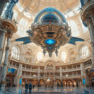 A futuristic, Victorian-style space station with intricate details and ornate architecture, set against a plain white background, with a wide-angle view of the entire station, including its majestic towers and grand domes, with a glowing blue alien queen in the main focus, in a digital art style with vibrant colors and dynamic lighting, full-body view, with the space station's engines and modules visible