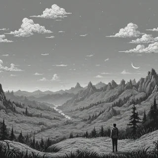 Cute black and white pixel art of a person looking at a pixel art landscape