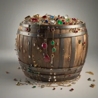 A worn, old, wooden barrel with a cracked and weathered surface, overflowing with a cascade of precious jewels, including diamonds, rubies, and emeralds, in a wide shot, on a plain white background, with a warm, golden lighting and a slight glow effect around the jewels, in the style of a fantasy illustration, on a plain white background, even lighting 