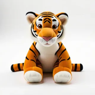 A tiger stuffed animal that is missing on of its button eyes and has a slight rip in its right arm as it sits limply like a ragdoll