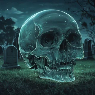 Anime art style, digital drawing of clear glass skull in graveyard at night