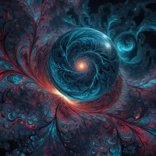 Visualize a surreal, otherworldly landscape where the infinite complexity of a Mandelbrot set unfolds across a luminous, iridescent sphere suspended in a cosmic void. The sphere pulses with vibrant, shifting colors—deep indigo, fractal crimson, and electric turquoise—its surface etched with intricate L-type fractal patterns that spiral and branch like crystalline veins. These patterns ripple and transform, guided by the mathematical elegance of spherical Fourier transformations, creating hypnotic waves of geometric interference that radiate outward. Surrounding the sphere are ancient, primitive archways crafted from glowing, Fibonacci-sequence-inspired stone, their curves and proportions echoing the golden ratio, weathered yet timeless. The archways float in a nebula-like mist, illuminated by soft, ethereal light that casts prismatic reflections. The scene blends mathematical precision with mystical wonder, evoking a sense of exploring an alien temple where chaos and order intertwine.