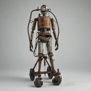 A distressed, worn looking metal dolly with a propane tank strapped to it, full-body view, on a plain white background, with a close-up shot of the rusty metal and frayed straps, in a post apocalyptic style, full body visible, on a plain white background, even lighting