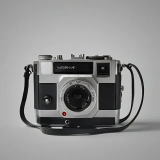 A full-body view of a 1980's black and silver camera, with a wide-angle shot, on a plain white background, in the style of a product photograph, with dynamic shadows and a hard rim light, and the camera is facing directly at the viewer, with all buttons and dials clearly visible, in a digital art style with high level of detail, on a plain white background, even lighting 
