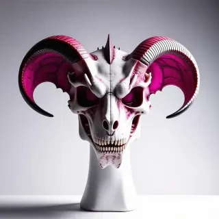 A dragon skull mask with long curled horns. It's being worn by a bright pink mannequin head