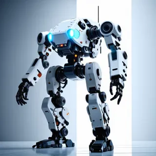 A giant walking bipedal mech with cannons, full-body view, wide shot, feet visible, with a primer white coat, metallic undercoat, and a futuristic design, in a digital art style, with dynamic shadows and a backlight, with the cannons glowing with a bright blue light, and shoulder-mounted cannons