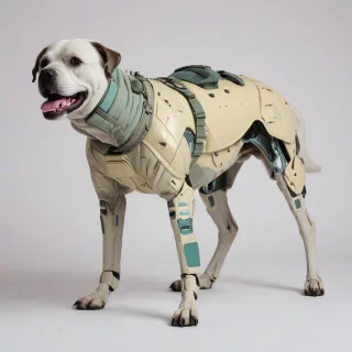 A full-body view of a quadruped, with a khaki color scheme, incorporating elements of vaporwave art style, set against a plain white background, with a wide-angle shot and soft, pastel lighting