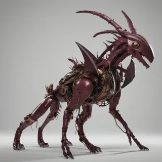 A maroon-colored, sailpunk creature with visible metallic limbs and organic tissue, in a full-body view, with a sailpunk aesthetic, on a plain white background, with dynamic shadows and a hard rim light, in a wide-angle shot, with a focus on the creature's intricate mechanical details