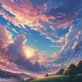peaceful anime scene of the sky with bright colorful clouds with a sunrise and a pretty landscape below