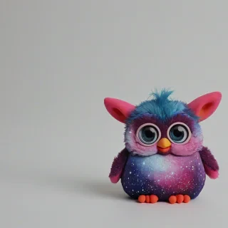 Galaxy print Furby, on a plain white background, even lighting