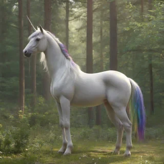 A photorealistic unicorn with a shimmering silver coat and a rainbow-colored mane, standing in a wide shot with its feet visible, a forest background, with soft, natural lighting and a subtle shadow, in a digital art style with precise details, full-body view