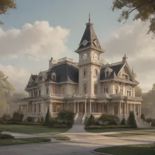 A grand, Second Empire Victorian architectural style mansion, with a mansard roof, wide eaves, and a central clock tower, set against a plain white background, in a wide shot with the entire mansion visible, including the grounds, in the style of a detailed, realistic, and highly textured digital painting, with even lighting