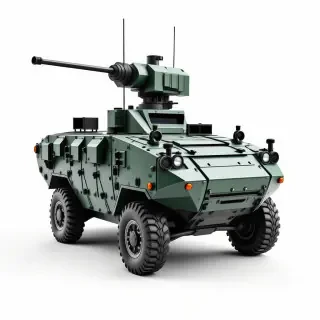 Modular assault vehicle with a large battleship gun integrated as a turret, mounted on a wheeled chassis with a rugged, armored body and a hatch for the crew, set against a plain white background