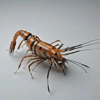 robotic shrimp, on a plain white background, even lighting