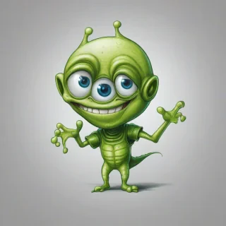 hand-drawn cartoon of alien with a smile, big eyes, happy expression, bright, even lighting, on a plain white background