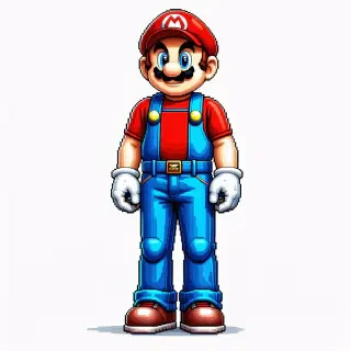 A fully pixelated video game character, resembling a 1980s 8-bit video game character, with a full-body view, wide shot, and feet visible, on a plain white background, with a retro aesthetic, pixel art style, and vibrant colors