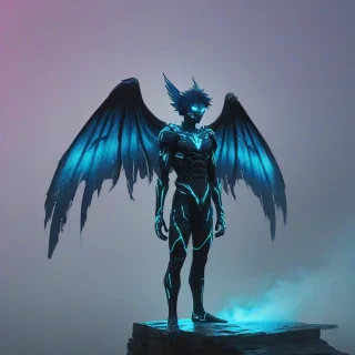 A 2D drawn anime style humanoid male figure with very long, electric blue neon black, bright turquoise, and neon pink wings, slightly bent at the joint, serving as arms, standing up on a narrow ledge amidst a thick, opaque fog with a faint blue and purple glow emanating from the fog. A tattered electric blue neon black, bright turquoise, and neon pink wingspan is roughly six times the person's height, with subtle shading and highlights on the wings and figure. The humanoid is dressed in thick, neon green neon dark tattered black, bright purple, and neon orange robes that complement the wings and fog. The humanoid wears a fitted, long-sleeved neon pink neon white, bright blue, and neon green undershirt under the robes, with a high collar to add depth and texture to the character. The scene is rendered in a detailed, high contrast style with digital distortions applied to the wings and robes, as if they are slightly warped and pixelated.