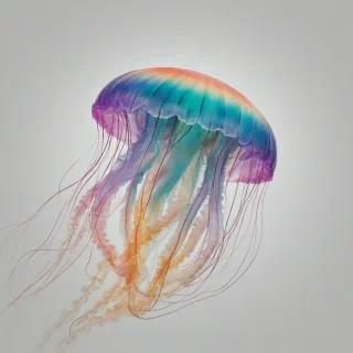A colorful, translucent rainbow jellyfish, with a wide shot, full-body view, on a plain white background, with vibrant, pastel colors, and a soft, dreamy lighting, in a digital art style, with bold lines and delicate textures, and the jellyfish's tentacles are stretched out, flowing gently in the water, on a plain white background, even lighting 