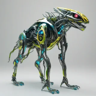 a biomechanical creature, Olive, full-body view, on a plain white background, with a mix of metallic and organic elements, vibrant neon colors, and a futuristic aesthetic, in a wide shot, with dynamic shadows and backlight, in the style of vaporwave art, on a plain white background, even lighting