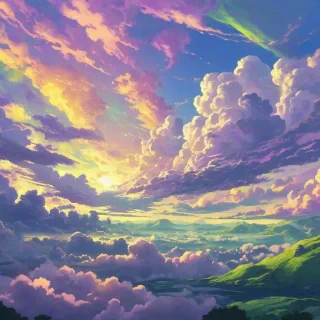 peaceful anime scene of the sky with bright green, purple, and yellow clouds