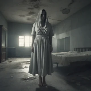 A ghost lady in a hospital gown standing in an abandoned hospital room with a wide-angle shot, full-body view, and feet visible,in a digital art style with a mix of realistic and surreal elements, soft lighting, and subtle shadows