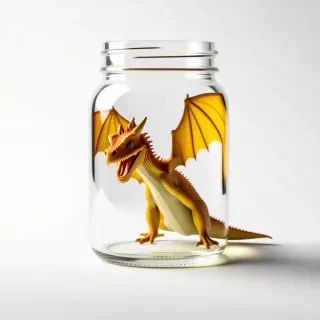 A tiny yellow wyvern stuck inside a jar.