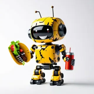A small, yet happy little robot with chipped yellow paint on its body and around its face. It holds a taco in one hand and a can of soda in another hand