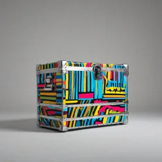 A pop art style trunk with bold black lines and vibrant, bright colors, in a wide-angle shot on a plain white background, under direct, even, and strong lighting.