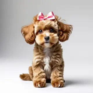 A miniature poodle sitting on its haunches, holding its front paws up. It has a tiny pink bow on its fluffy head.
