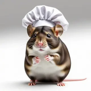A chubby rat with a chefs hat