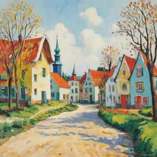 Dutch village in Fauvism style scenery, full-body view, wide shot, plain white background