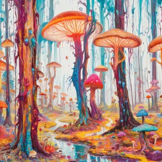 A vibrant, dreamlike scene of a fantastical forest, with towering trees and glowing mushrooms, in a drippy painted style, reminiscent of Salvador Dali's surrealist artwork, with bold brushstrokes and vivid colors, full-body view, wide shot, feet visible, on a plain white background