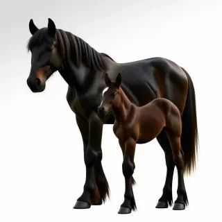Black horse standing, with a black baby horse standing next to the bigger one