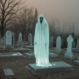 A creepy ghost, full-body view, wide shot, transparent and eerie, with a faint glow, on a grave yard background, digital art style, high contrast, bold lines, and vibrant colors