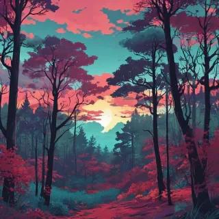 Digital anime art style silhouette of a beautiful forest with dark purple, light teal, and vibrant red trees, with beautiful fluffy white and yellow clouds above, it's an oddly serene scene