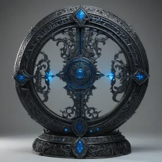 A highly detailed, black, ornate, fantasy magical artifact, with intricate engravings, and glowing blue runes, in a wide shot, full-body view, on a plain white background, in a dark fantasy style, with dramatic lighting, and dynamic shadows