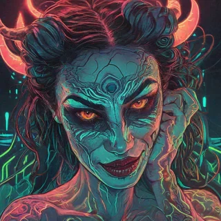neon sam guay style art of a demon woman leaning very close to the camera with one eyebrow raised and a sly smile
