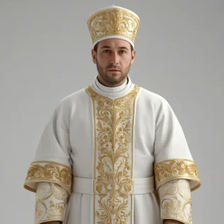 A detailed, full-body view of a traditional zucchetto on his head, with intricate golden embroidery and a white cassock, standing on a plain white background, with a wide-angle shot and soft, natural lighting, in a realistic and highly detailed digital art style, on a plain white background, even lighting 